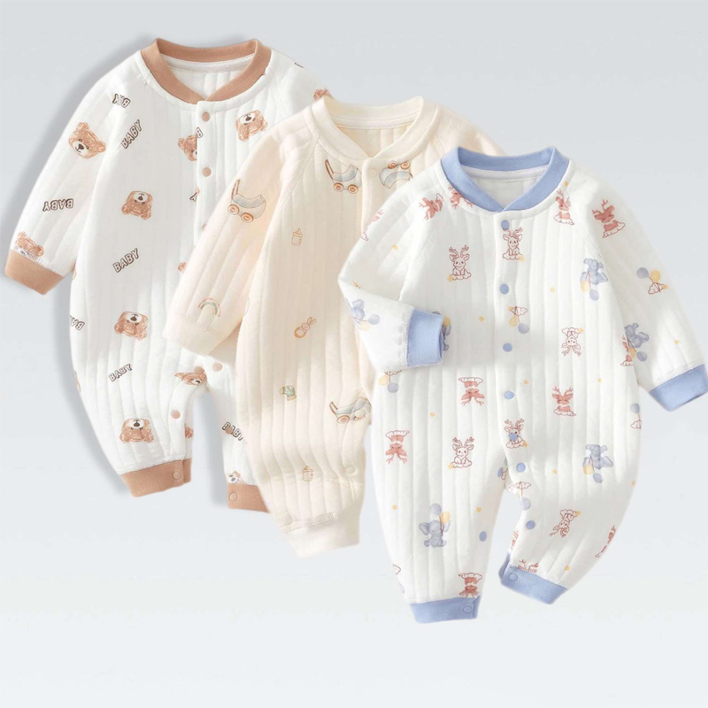 Bộ đồ liền thân dài tay Body gấu vải chần bông 3 lớp cho bé sơ sinh tháng hàng quảng châu cao cấp