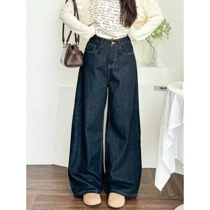 Quần Jean  Ống  Rộng Nữ ,  quần jeans trơn màu xanh đậm phối chỉ nổi cạp cao hack dáng | BigBuy360 - bigbuy360.vn