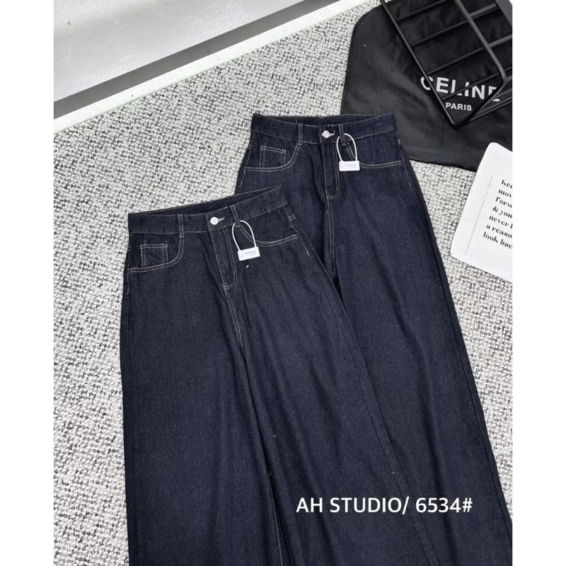 Quần Jean  Ống  Rộng Nữ ,  quần jeans trơn màu xanh đậm phối chỉ nổi cạp cao hack dáng | BigBuy360 - bigbuy360.vn