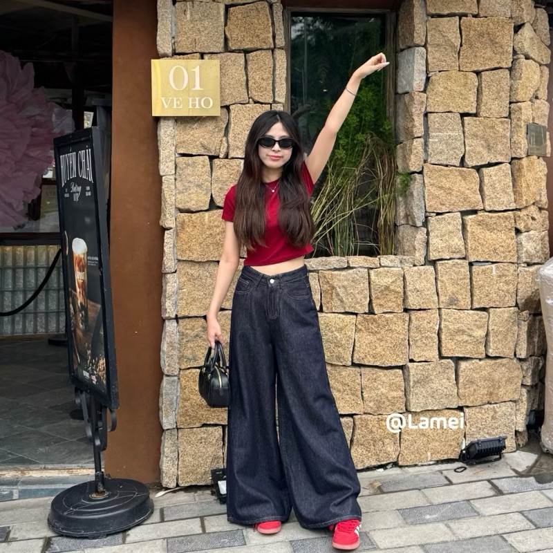 Quần Jean  Ống  Rộng Nữ ,  quần jeans trơn màu xanh đậm phối chỉ nổi cạp cao hack dáng | BigBuy360 - bigbuy360.vn