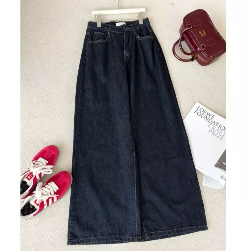 Quần Jean  Ống  Rộng Nữ ,  quần jeans trơn màu xanh đậm phối chỉ nổi cạp cao hack dáng | BigBuy360 - bigbuy360.vn