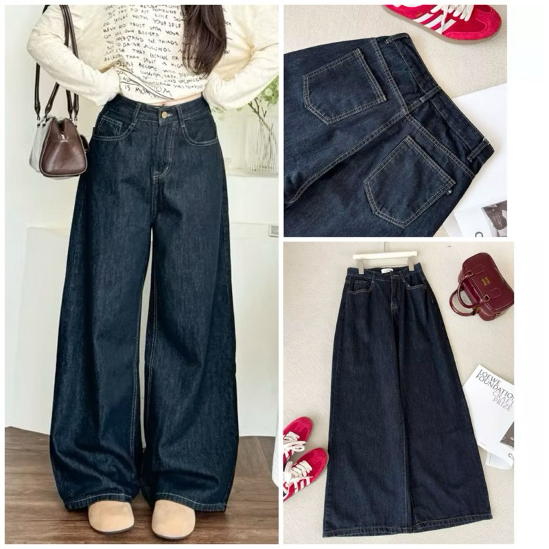 Quần Jean  Ống  Rộng Nữ ,  quần jeans trơn màu xanh đậm phối chỉ nổi cạp cao hack dáng | BigBuy360 - bigbuy360.vn