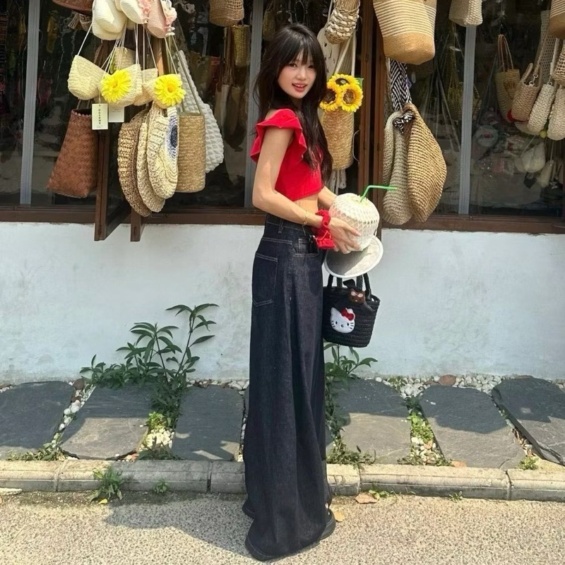 Quần Jean  Ống  Rộng Nữ ,  quần jeans trơn màu xanh đậm phối chỉ nổi cạp cao hack dáng | BigBuy360 - bigbuy360.vn