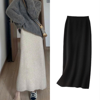  Chân váy dáng dài chữ A Nữ TOTOSA chân váy công sở dáng dài len tăm lông cừu co dãn mùa thu đông mặc đi học đi chơi 