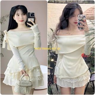 Set Váy Nữ - Áo Len Trễ Vai Dài Tay Cột Nơ Ngang Vai Kèm Chân Váy Xòe Tầng Phối Ren Tiểu Thư