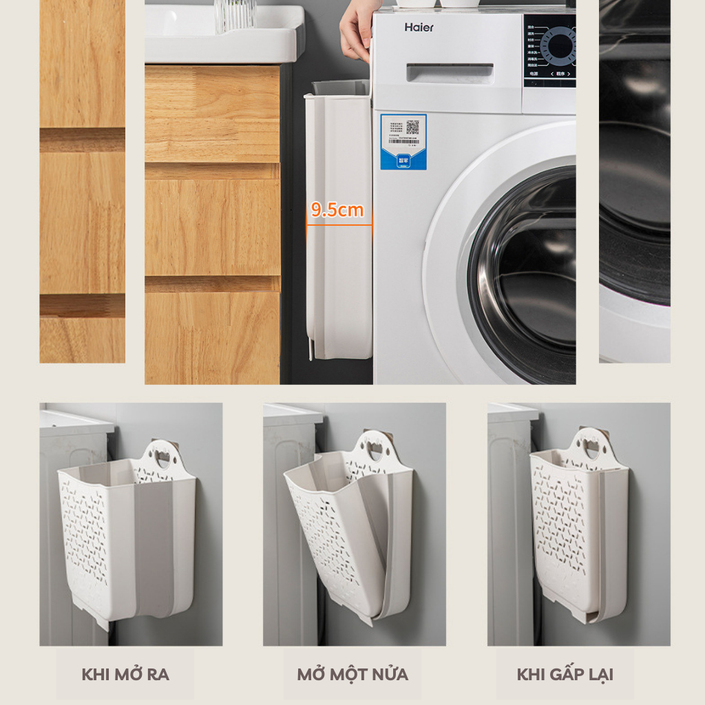 Giỏ đựng quần áo treo tường nhà tắm gấp gọn thông minh chất liệu nhựa PP&TPE kèm miếng dán chắc chắn | BigBuy360 - bigbuy360.vn
