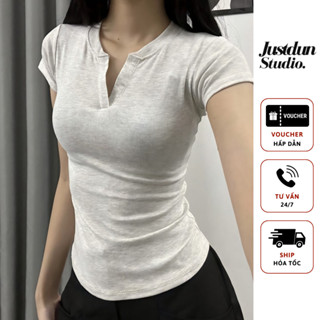 Áo Thun Nữ Ôm Body Cổ V Cách Điệu JUSTDUN E44 Chất Cotton Mềm Mịn