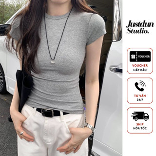 Áo nữ ôm body Justdun C6 cổ tròn tay ngắn basic vải cotton thắt eo