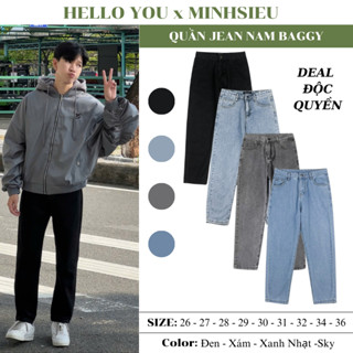 Quần jeans baggy nam ống suông rộng màu xanh, đen vải bò dày dặn T1 - HELLOYOU