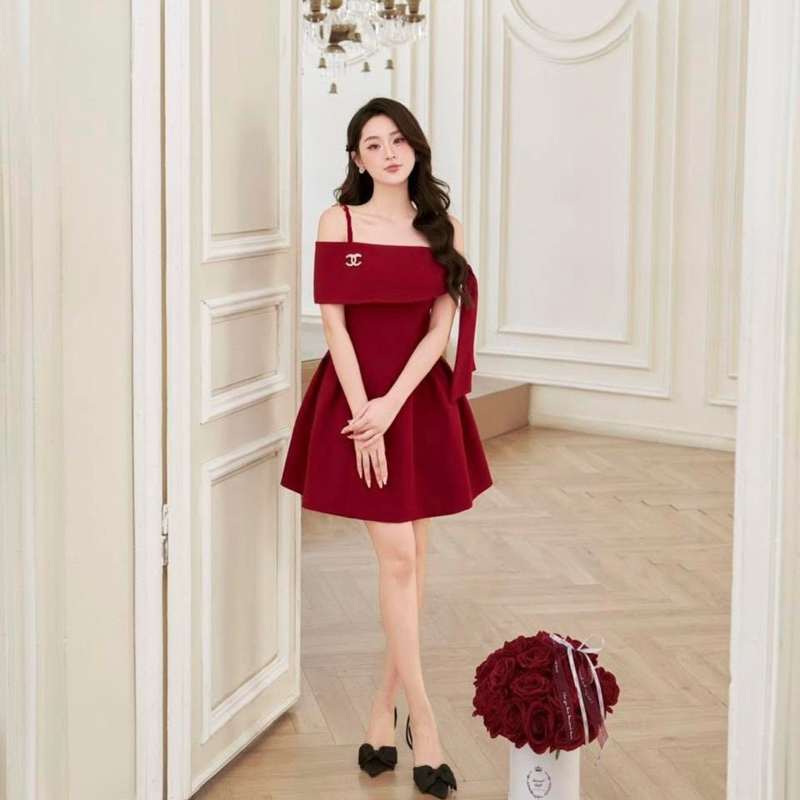 [𝐌𝐮𝐬𝐭 𝐇𝐚𝐯𝐞] Đầm thiết kế Shi Shang, đầm dự tiệc trễ vai buộc nơ dáng xoè thanh lịch, cao cấp | BigBuy360 - bigbuy360.vn