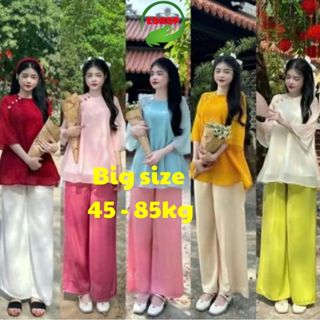 Sét pháp phục đi chùa bigsize 45-90kg ESHOP bộ đồ lam áo tơ voan kèm quần lụa mặc Tết đi chơi set đồ lam cách tân MS317