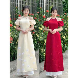 Áo dài cách tân, cổ yếm vải tafta tay ngắn, cổ giọt lệ đính đá, tà cách tân đính hồ điệp siêu xinh
