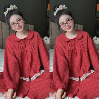 Set Bộ Ngủ Nữ , Set Bộ Pijama Sennn Nơ Tròn Xinh