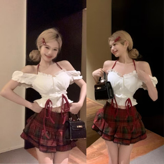 Set Áo Trễ Vai Trắng Cổ Yếm Phối Chân Váy Kẻ Caro Đỏ Cho Nàng Mặc Noel, Tết Thiết Kế Trẻ Trung Sang Chảnh- XM Minh Phúc