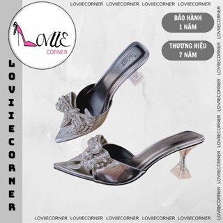 LOVIIECORNER - DÉP BỆT NỮ MŨI NHỌN  - GUỐC NỮ ĐÍNH NƠ PHỐI ĐÁ  HỞ HẬU CAO 7 PHÂN ĐẾ VUÔNG - D241282 - D250143