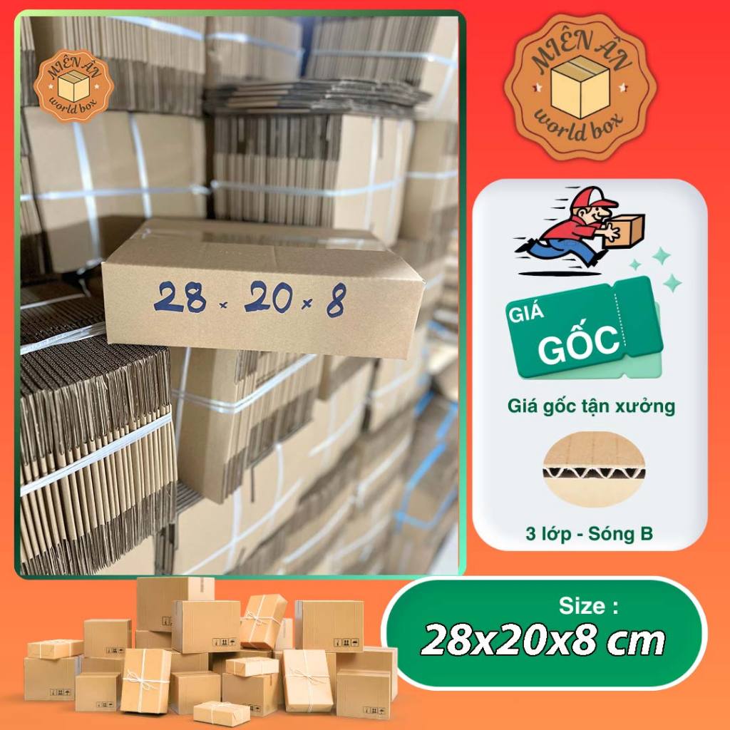 Size 28x20x8 cm, hộp giấy gói hàng thùng carton giá tại xưởng Miên ân, SL 1c