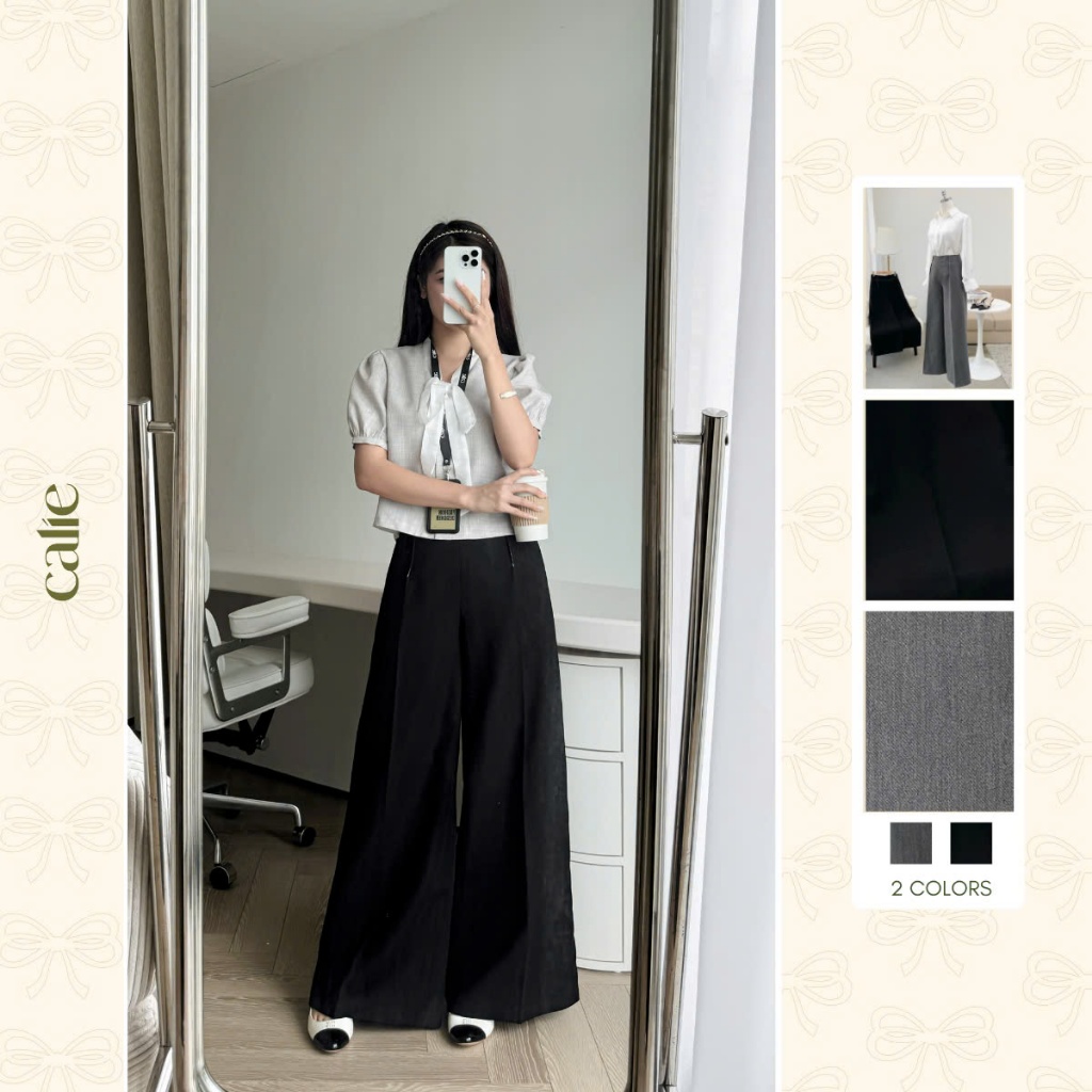 Quần suông nữ CALIE cạp liền trần chỉ phối Áo phông mongtoghi cổ tròn thêu chữ Calie- QX041