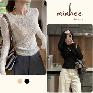 Áo len mỏng Minhee áo len nữ ren tay dài hoạ tiết trám chiết eo ôm body chất xốp nhẹ T092
