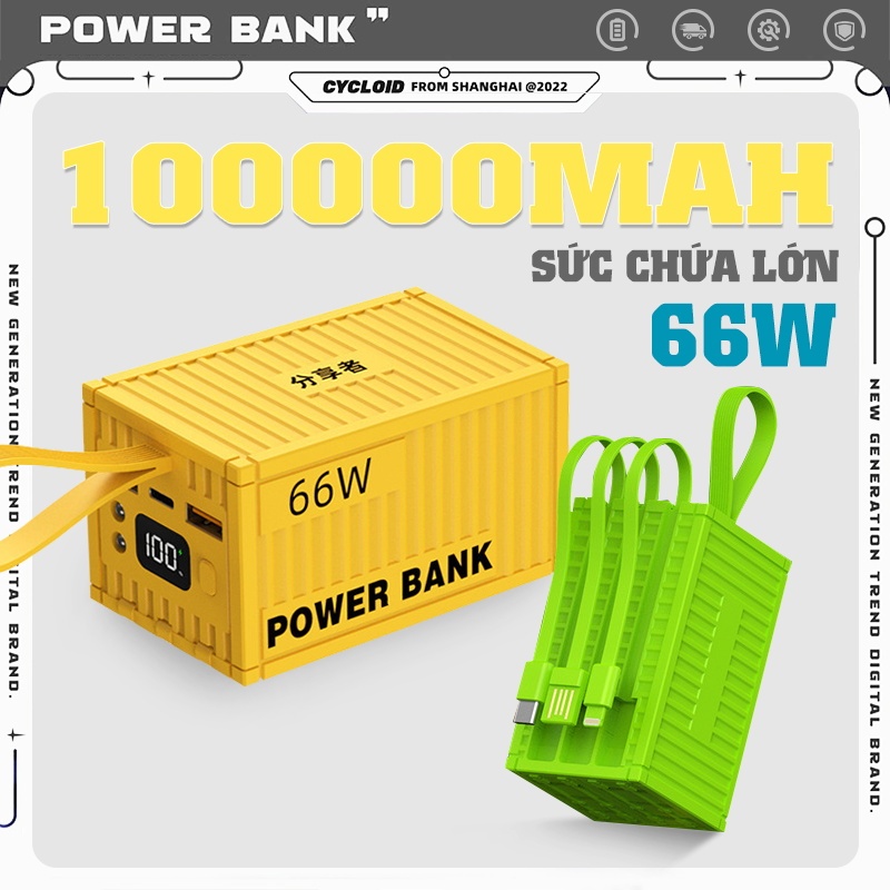Sạc Dự Phòng 100000mAh Có Sạc Nhanh PD 20W Kèm 4 Cáp Sạc Dung Lượng Lớn Màn Hình LED Hiện Thị Phần T