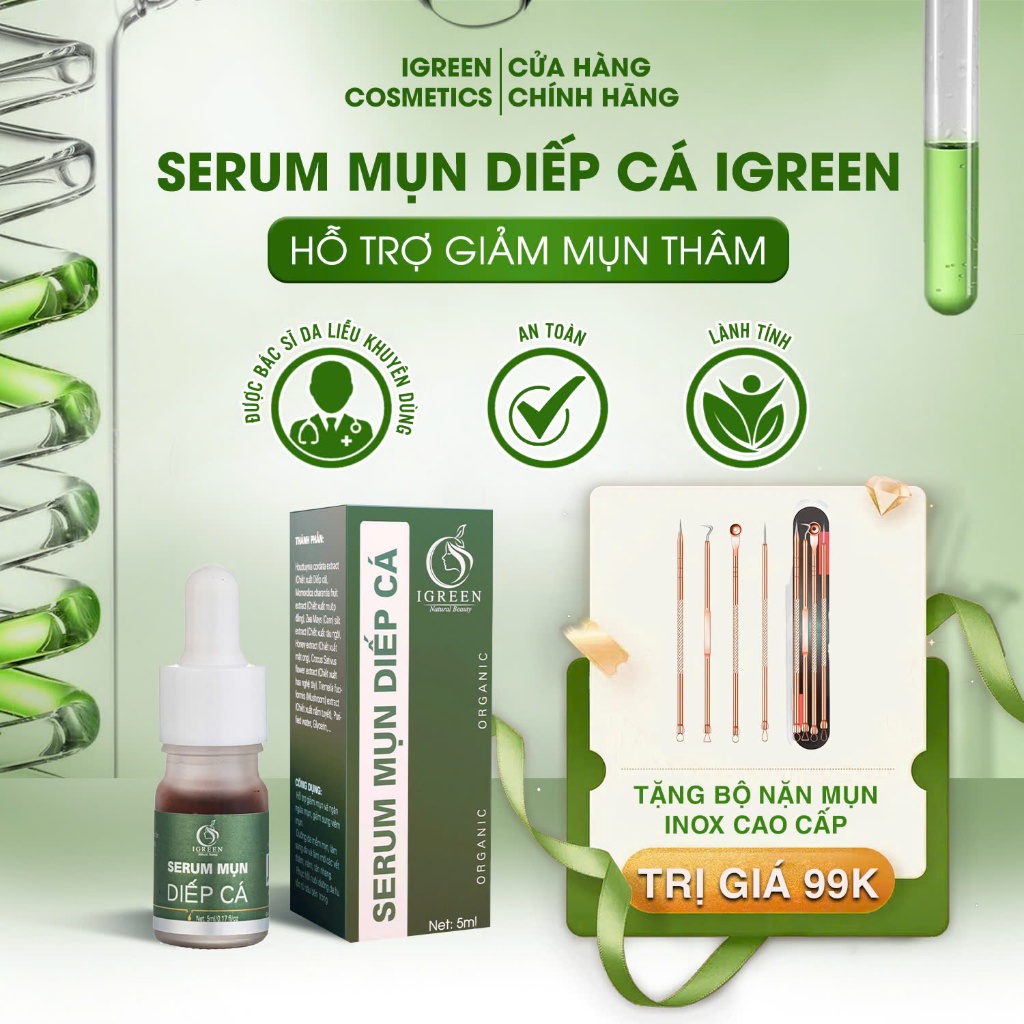 Serum Mụn Diếp Cá IGREEN 5ml - Giảm mụn, giảm thâm, se khít lỗ chân lông, dưỡng da