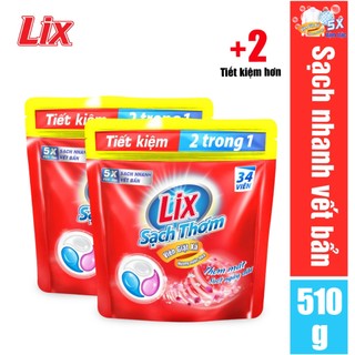  COMBO 2 túi viên giặt xả 2 trong 1 LIX Sạch Thơm hương nước hoa  2 túi x 34 viên x 15g  - Mã 2C-34V-00101 