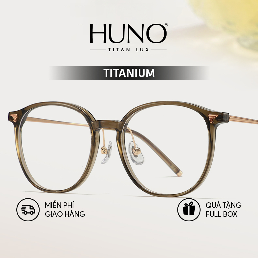 Gọng kính nữ HUNO TITAN LUX, Kính mắt TITANIUM IP, thiết kế gọng tròn, điểm nhấn cánh chim góc mắt c