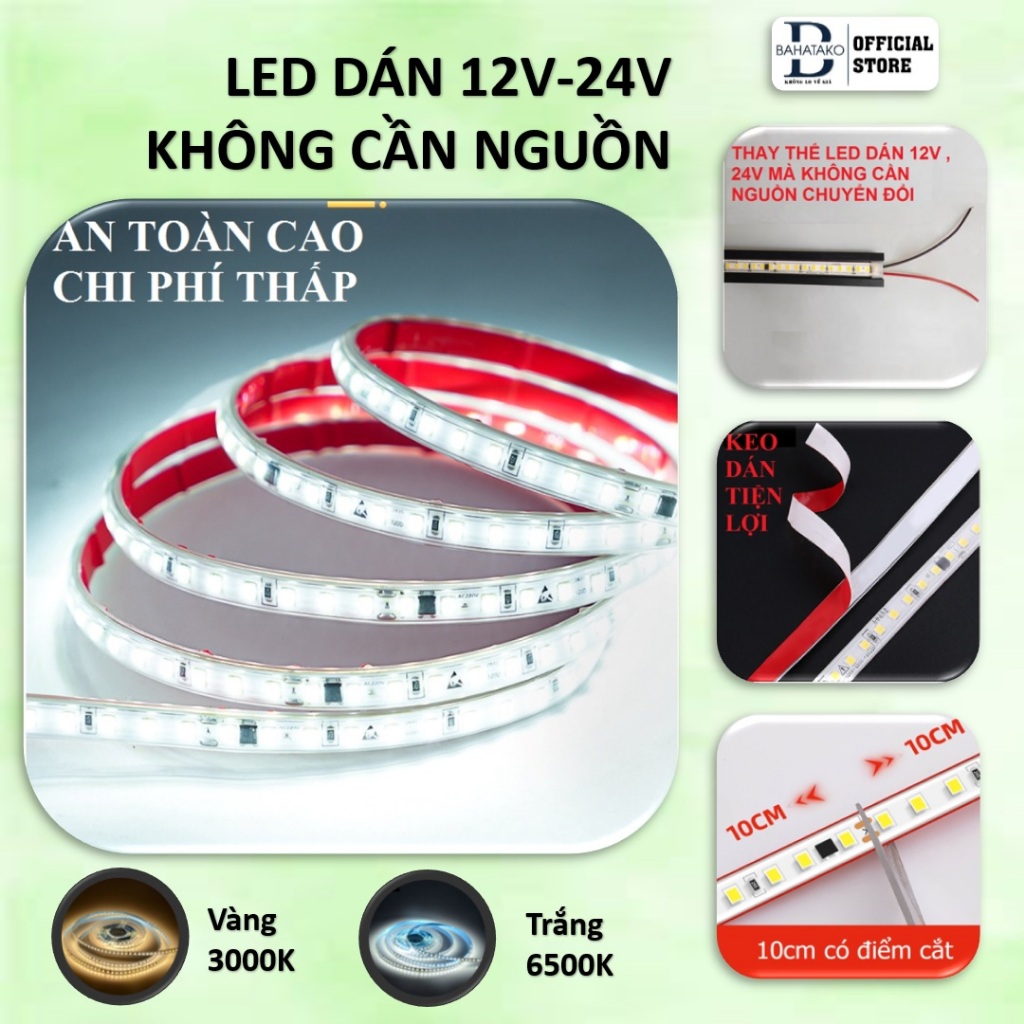 Đèn led dây dán 12-24V cắm điện 220V không cần nguồn chống nước trang trí dán kệ tủ trưng bày hắt tr
