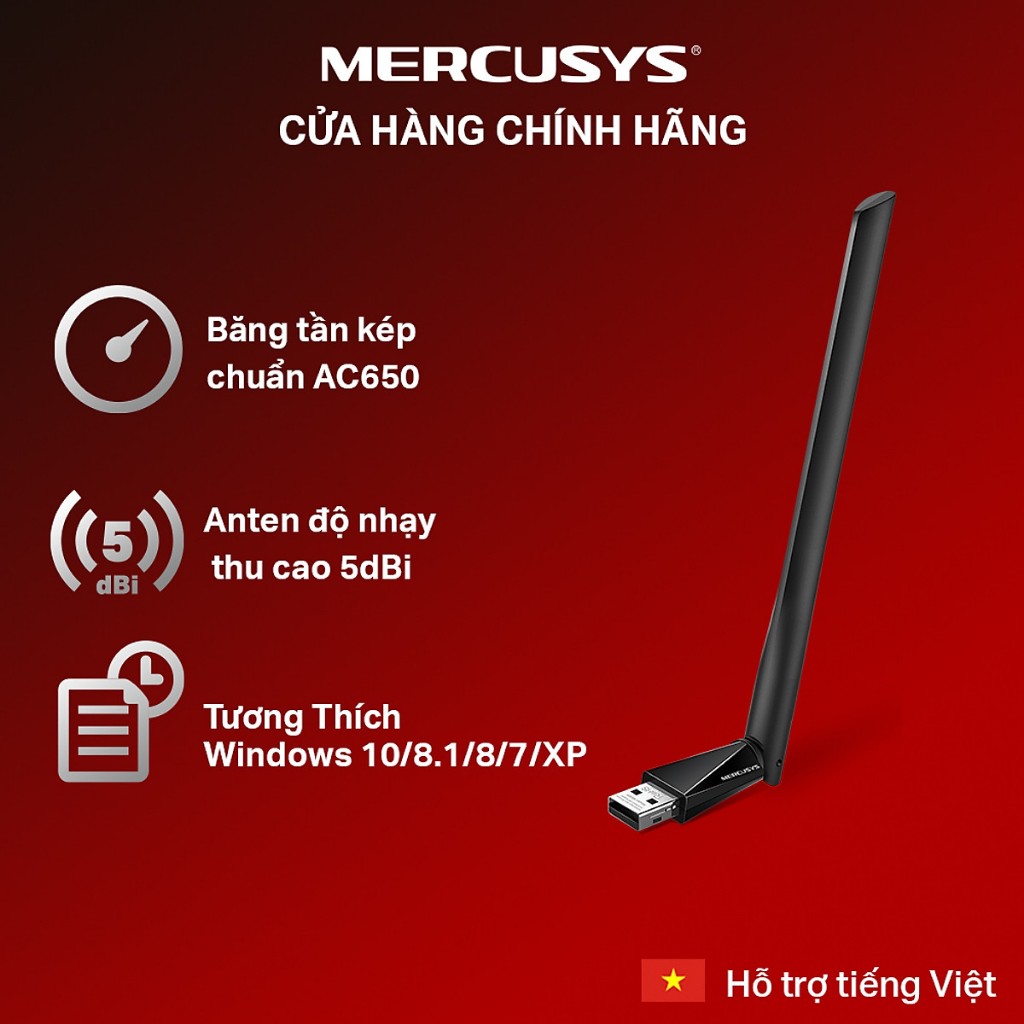 USB Wifi-Bộ Chuyển Đổi USB Wi-Fi Băng Tần Kép Độ Lợi Cao AC650 Mercusys MU6H