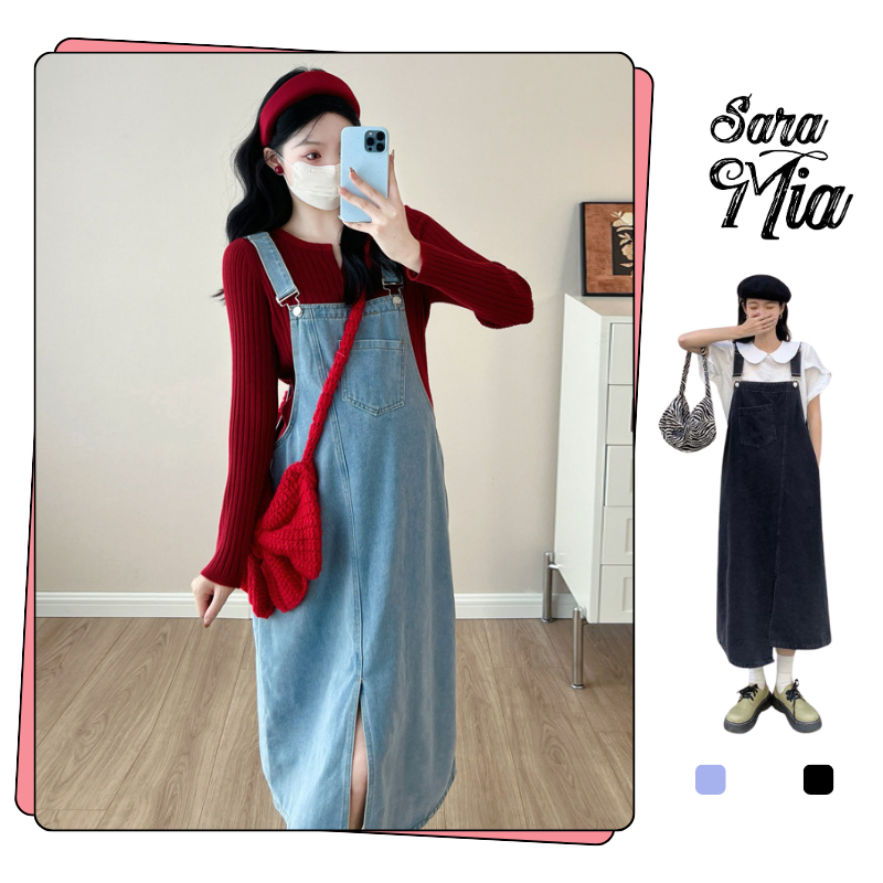 Yếm váy jean SARAMIA nữ dáng dài yếm bò xẻ trước phối túi lớn trước ngực dịu dàng nữ tính y2