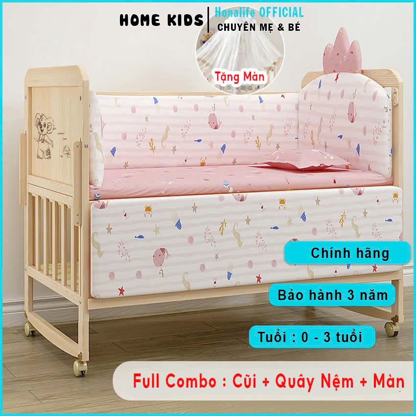 Cũi ngủ cho bé 2 tầng kèm ( QUÂY + MÀN +NỆM ) Nôi cũi gỗ cho bé đa chức năng chất liệu gỗ thông