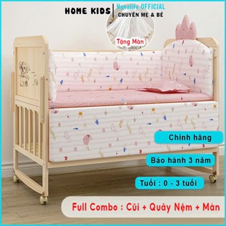 Cũi ngủ cho bé 2 tầng kèm ( QUÂY + MÀN +NỆM ) Nôi cũi gỗ cho bé đa chức năng chất liệu gỗ thông