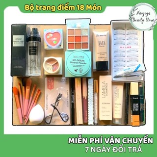 Combo make-up (18 món X5) trang điểm mặt: xịt khoá makeup, phấn mắt, phấn má, kem nền, mi, keo dán mi, phấn phủ...