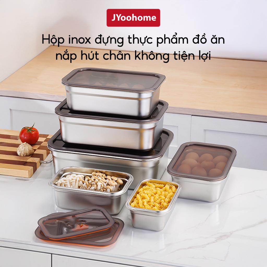 Hộp Đựng Thực Phẩm Inox Có Nắp Đậy JYoohome Khay Đựng Đồ Ăn Để Tủ Lạnh Ngăn Mùi Bảo Quản Rau Củ Thịt