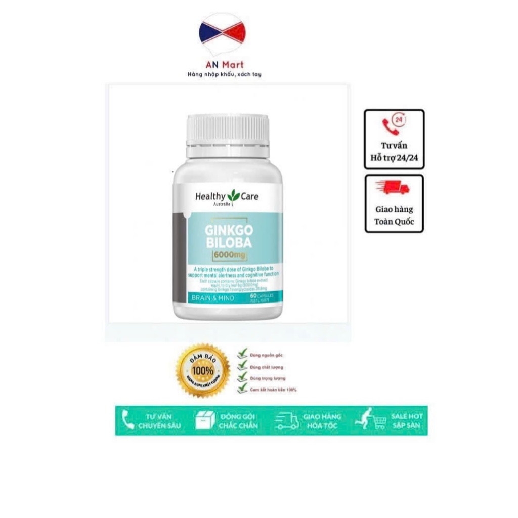 Viên uống Healthy Care Bổ não Ginkgo Biloba 6000mg Úc.