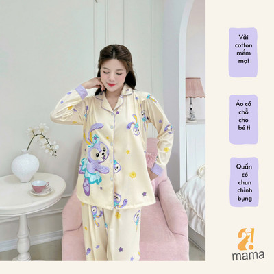 Bộ Pyjama Bầu Mặc Nhà Cotton thỏ tím Đồ Bầu Sau Sinh Mở 2 Bên Cho Con Bú Và Quần Chun Chỉnh Bụng, Dài Tay 2mama