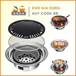 Bếp nướng than hoa không khói Huycook tiện lơi, lò nướng thịt ngoài trời siêu nhỏ gọn , bếp nướng BBQ âm bàn đủ bộ 6 món