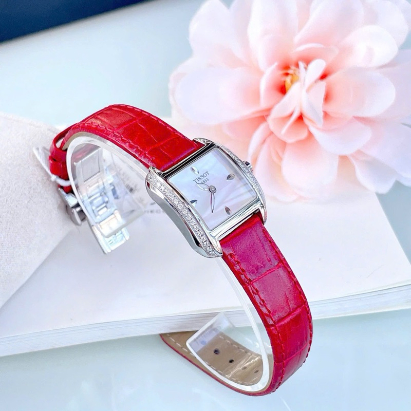 ĐỒNG HỒ NỮ CHÍNH HÃNG TISSOT T02.1.365.71 Quartz Red Leather T-Wave Mother Of Pearl Dial Ladies Watc