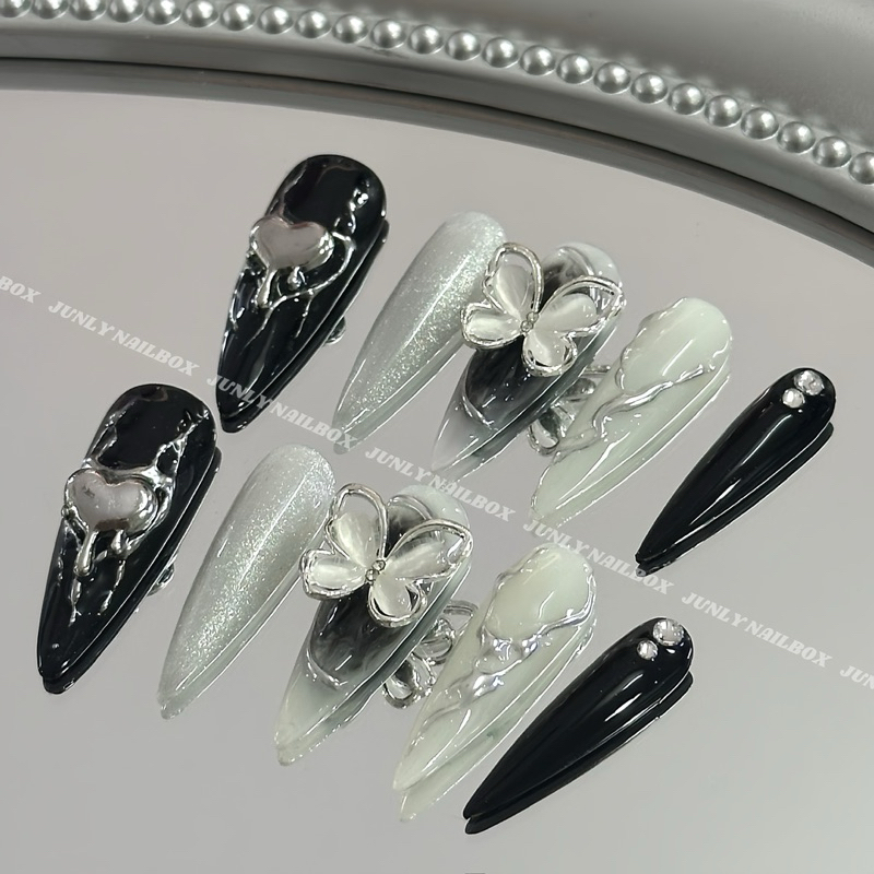 Nailbox mắt mèo đen JUNLY - nail box thiết kế móng giả trái tim bạc cham nổi đi chơi đi tiệc 489 91
