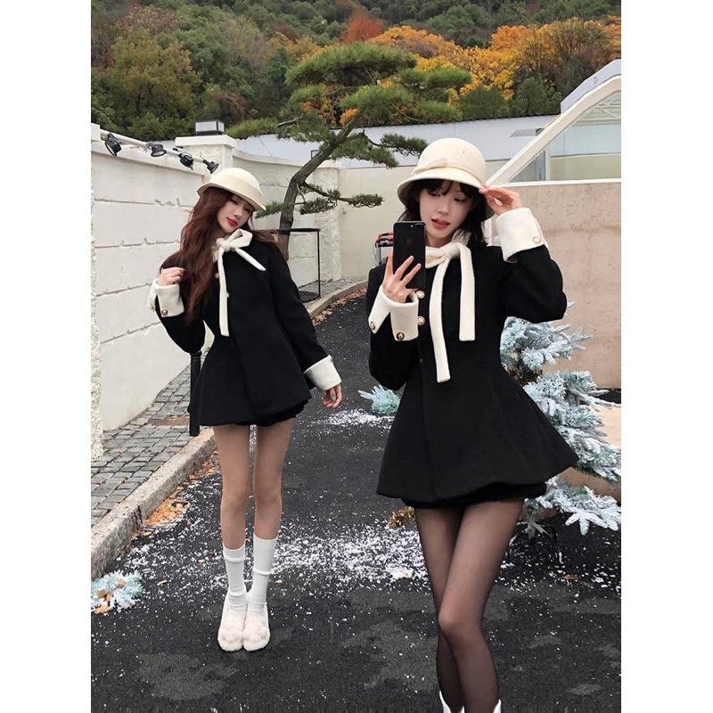  LYLY SET• Váy dạ ép phối cổ nơ trắng cúc cài đồng kèm quần bảo hộ phong cách tiểu thư thanh lịch lalastudio 