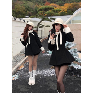 LYLY SET• Váy dạ ép phối cổ nơ trắng cúc cài đồng kèm quần bảo hộ phong cách tiểu thư thanh lịch/lalastudio