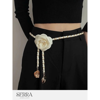 Thắt lưng dây xích đính hoa trà đen trắng cao cấp phối đầm, váy áo sơ mi