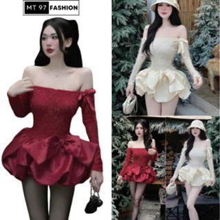 Đầm trể vai body tay dài 3 màu Đỏ Kem Đen dự tiệc tùng Nơ xoè màu trắng MT97 Váy hở lưng sexy cho nữ đi chơi sang chảnh