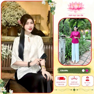 Đồ lam đi chùa nữ bộ pháp phục cổ tàu giọt lệ thêu hoa anh đào mặc đi lễ chùa - Pháp Phục Tịnh Tâm