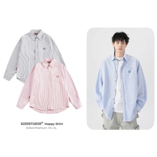 Áo sơ mi HAPPY Premium Oxford Shirt Logo Thêu cao cấp Sọc dọc tay dài Nam Nữ Unisex Form Rộng - vải kate dày dặn GIDI