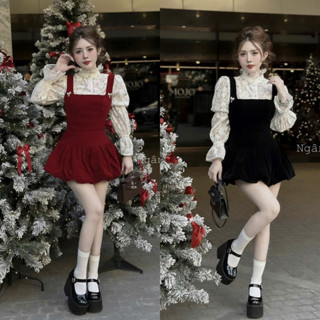 Set Áo Sơ Mi Ren Dài Tay Mix Yếm Nhung Đính Nơ Siêu Xinh Cho Nữ - S35