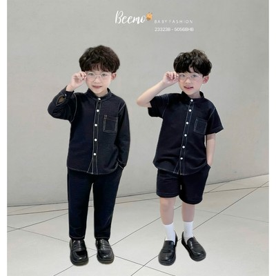 Set bộ đôi sơ mi cổ tàu Beemo cộc tay, dài tay vải giả bò mềm mại cho bé trai từ 9-24kg 23323B