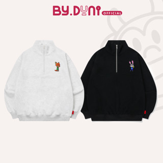 Áo Sweater Half zip THÊU cặp đôi BY.DUNI unisex form rộng, áo khoác nỉ cotton có dây kéo THỎ CÁO