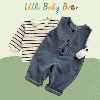 littlebabybear Set Đồ Bé Trai Bé Gái 2 Chi Tiết Set Yếm Jean Bò Áo Len Mỏng Dài Tay Kẻ Ấm Áp Mặc Mùa Thu Đông  Cho Bé