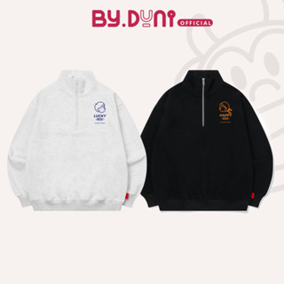 Áo Sweater Half zip  cặp đôi BY.DUNI unisex form rộng, áo khoác nỉ có dây kéo LUCKY BOY HAPPY GIRL