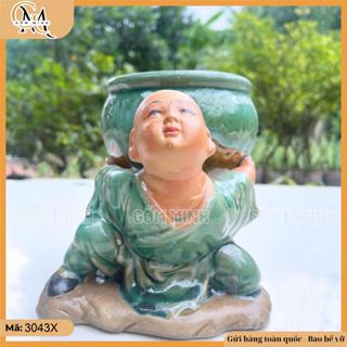 Chậu tượng chú tiểu cõng vò, chậu bonsai, chậu tượng bonsai trồng cây trang trí sân vườn